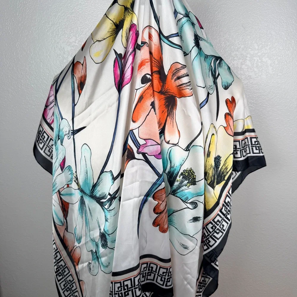 Chico's Floral BC Square Scarf Multi Color Geometric Border 570285352 NWT
